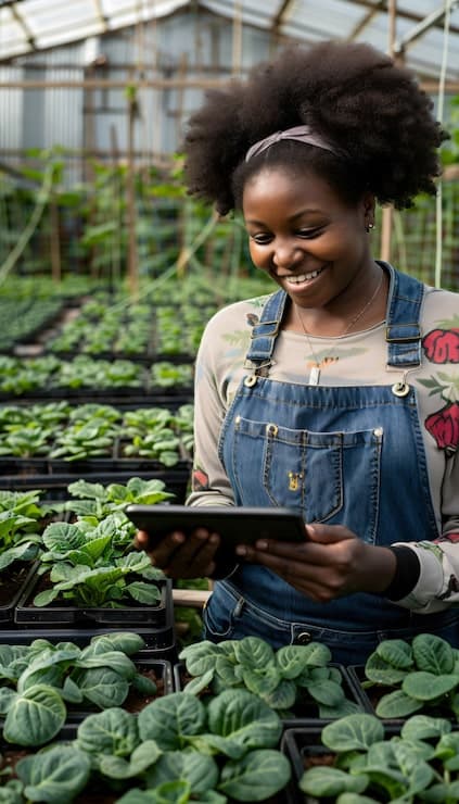 A smiling farmer holding a tablet among seedlings in a greenhouse