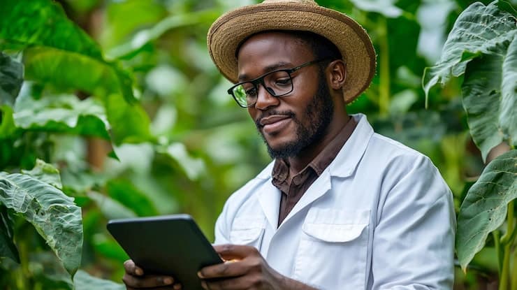 An agronomist in a white coat reading a tablet among green plants