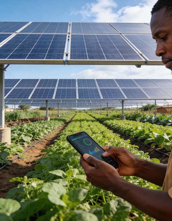 A farmer reading farm data on his phone between crop rows under solar panels