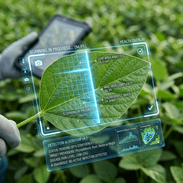 A leaf being scanned for disease, with scan results over the image