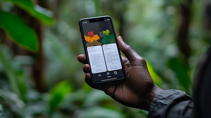 A hand holding a phone that shows plant information